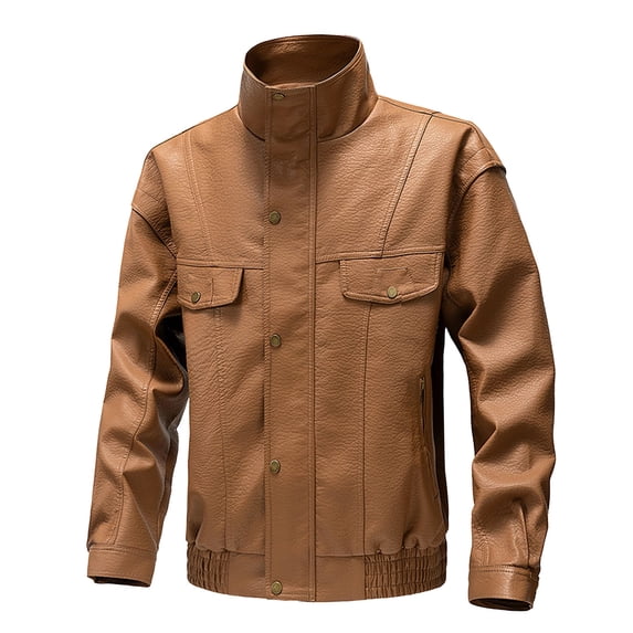Maoxin Mens Leather Jacket Men Zipper Pocket Artificial Leather Clothing Long Sleeves No Hat Fall And Winter Loose Coat Leather Jackets for Men Yellow 3XL