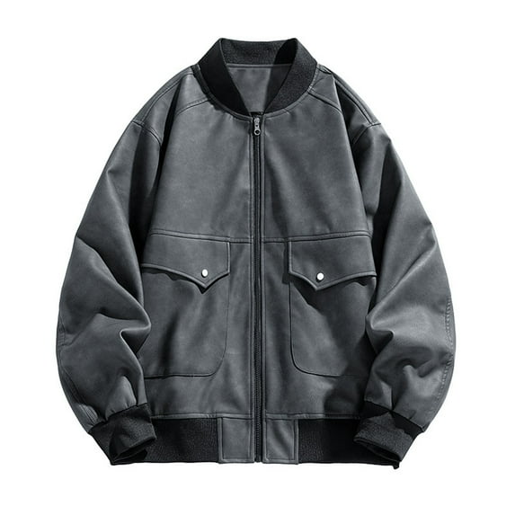 Maoxin Mens Leather Jacket Men's Casual Loose Fitting Long Sleeved Hooded Jacket Long Sleeve Hoodless Faux Leather Outwear Jackets Leather Jacket Men Plus Size Gray XL