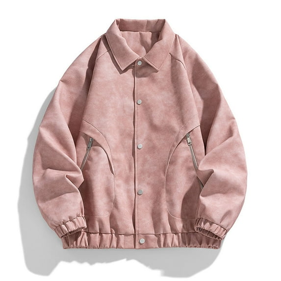 Maoxin Mens Leather Jacket Men's Casual Loose Fitting Long Sleeved Hooded Jacket Long Sleeve Hoodless Faux Leather Outwear Jackets Leather Jacket Men Plus Size Pink 3XL