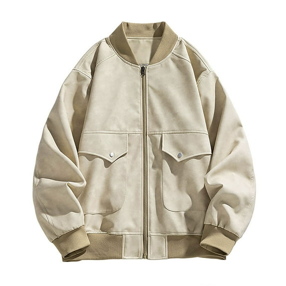 Maoxin Mens Leather Jacket Men's Casual Loose Fitting Long Sleeved Hooded Jacket Long Sleeve Hoodless Faux Leather Outwear Jackets for men Beige M