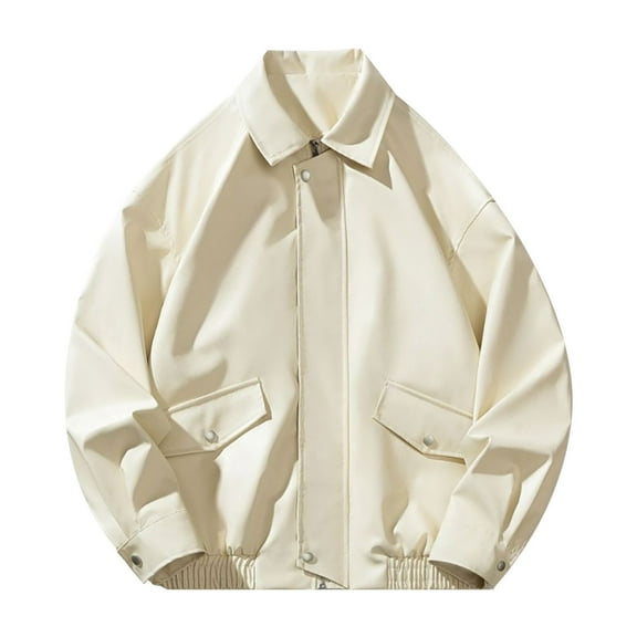 Maoxin Mens Leather Jacket Men's Dashion Motorcycle Solid Color Vintage Button Pocket Leather Long Sleeved Hooded Jacket Leather Jacket Plus Size White L