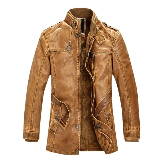 Maoxin Mens Leather Jacket Men's Fashion Casual Solid Color Zipper Pockets Long Sleeve Hoodless Casual Outwear Coat Leather Jackets for Men Yellow XL
