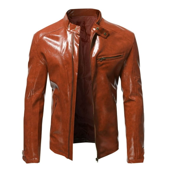Maoxin Mens Leather Jacket Men's Fashion Casual Solid Color Zipper Pockets Long Sleeve Hoodless Casual Outwear Leather Jackets for Men Brown 2XL
