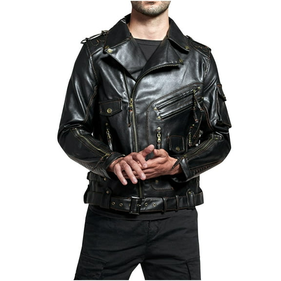 Maoxin Mens Leather Jacket Men's Solid Color Leather Jacket Fashionable Leather Long Sleeved Hooded Leather Jacket Leather Jacket Men