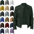 thumbnail image 1 of Mens Leather Jacket Men's Solid Color Long Sleeved Casual Leather Jacket Long Sleeve Hoodless Faux Leather Outwear Jackets Leather Jacket Men Plus Size Army Green 3XL, 1 of 4