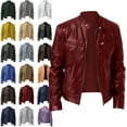 thumbnail image 1 of Mens Leather Jacket Men's Solid Color Long Sleeved Casual Leather Jacket Long Sleeve Hoodless Faux Leather Outwear Jackets Leather Jacket Plus Size Wine 5XL, 1 of 4