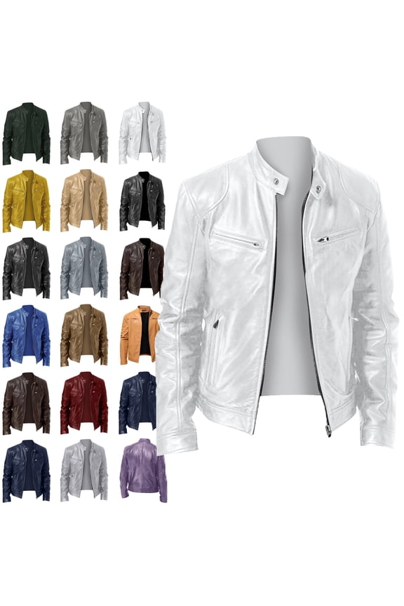 Mens Leather Jacket Men's Solid Color Long Sleeved Casual Leather Jacket Long Sleeve Hoodless Faux Leather Outwear Jackets Leather Jackets for Men White XL