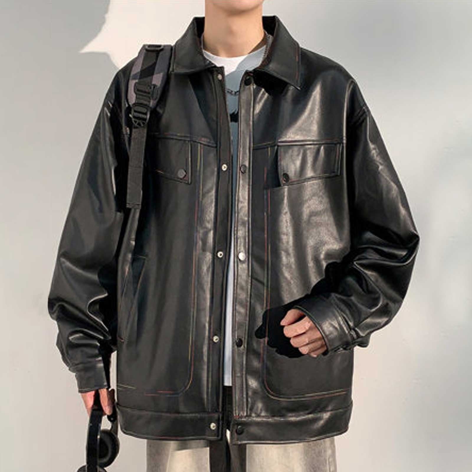 Maoxin Mens Leather Jacket Retro Men's Solid Color Snap Pocket Casual Loose Long Sleeved Hooded Leather Jacket Coat Jacket for men Black 3XL