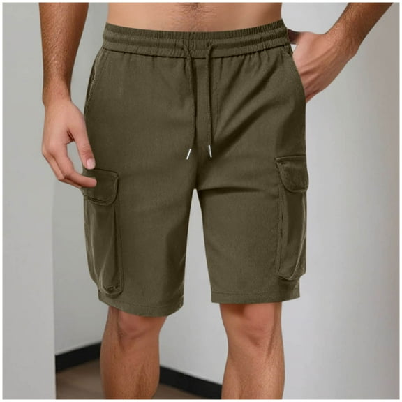 Maoxin Mens Shorts Men Casual Solid Cargo Pants With Pocket Straight Elastic Waist Shorts
