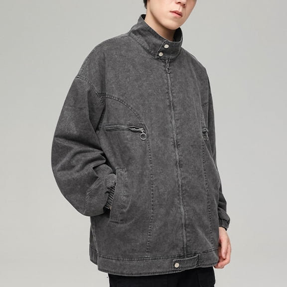 Maoxin Mens Tops American Retro Solid Color Zipper Pocket Fashionable Casual Men Jacket Fall And Winter Loose Long Sleeved Hooded Denim Jacket Casual Jackets for Men Black XL