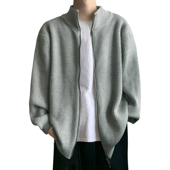 Maoxin Mens Tops Fashionable Men's Long Sleeved Casual Solid Color Knitted Sweater Jacket Gray L