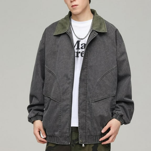 Maoxin Mens Tops Men Fashion And Casual Loose Collar Patchwork Color Blocking Versatile Jacket Youth Jacket Zipper Pocket Long Sleeved Hooded Denim Jacket Casual Jackets for Men Black M