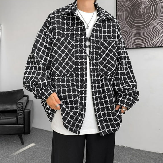 Maoxin Mens Tops Men's Checkered Printed Button Pocket Long Sleeved Hooded Casual Jacket Black M