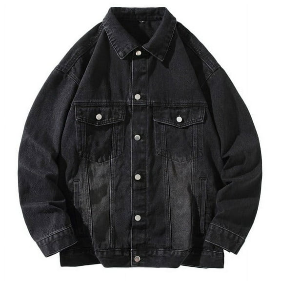 Maoxin Mens Tops Men's Denim Jacket Loose Casual Denim Jacket Men's Long Sleeved Hooded Jacket/jacket Black L