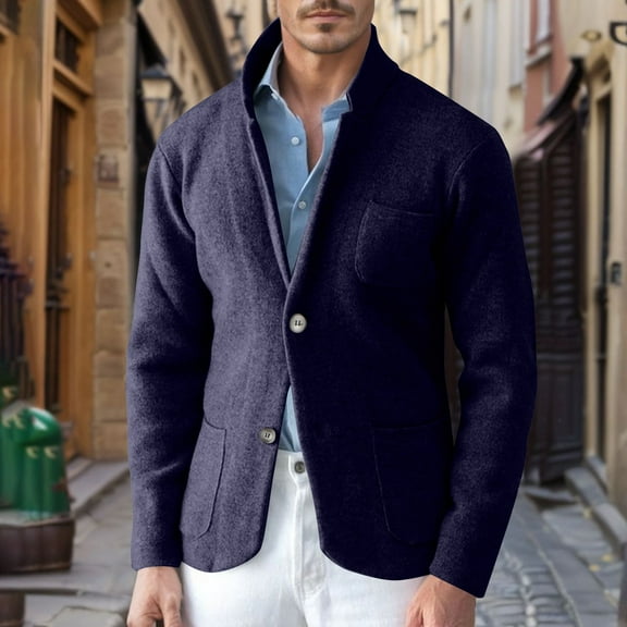 Maoxin Mens Tops Men's Fashion Casual Trend Woolen-breasted Solid Color Long-sleeved Hoodless Casual Coat/jacket Navy M