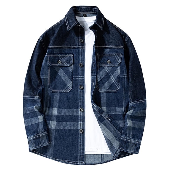 Maoxin Mens Tops Men's Lapel Splice Solid Color Multi pocket Button Denim Outwear Trend Long Sleeve Jacket Coat Casual Jackets for Men Blue M