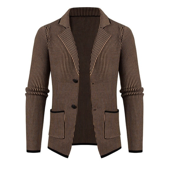 Maoxin Mens Tops Men's New Vertical Striped Thick Casual Cardigan Lapel Windbreaker Jacket Khaki L