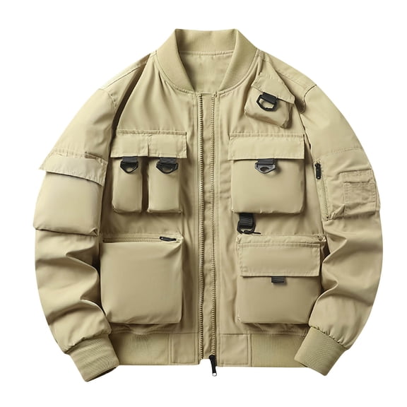 Maoxin Mens Tops Men's Solid Color Pocket Loose Motorcycle Outdoor Flight Suit Plus Size Workwear Jacket Khaki 2XL