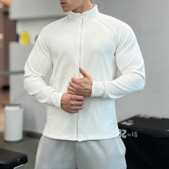 Maoxin Mens Tops Men's Solid Color Zipper Pocket Sports Long Sleeved Hooded Casual Jacket White L