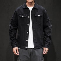 Maoxin Mens Tops Men's Vintage Motorcycle Solid Color Button Pocket Long Sleeved Denim Jacket Casual Jackets for Men Black 2XL