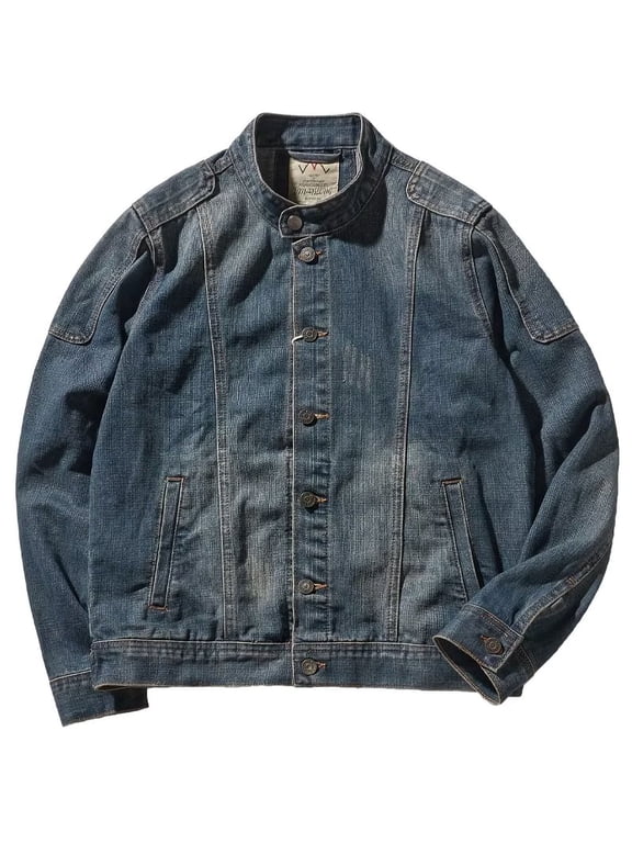 Mens Tops Vintage Vintage Denim Jacket Top Men's Personalized Button Up Collar Stand Up Collar Casual Patchwork Jacket Long Sleeved Hooded Casual Jacket/jacket Blue 2XL