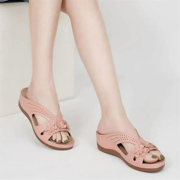 Maoxin Sandals Women Fashion Casual Summer Style Wedge Heel Solid Color Flower Beach Slippers Sandals Women Pink 37