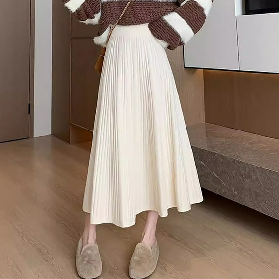 Maoxin Skirt for Women Ladies' Solid Color Knitted Rice Grain High Waisted A line Umbrella Skirt Knee Length Mid Length Style Soft And Woolen Skirt ,White,Free Size