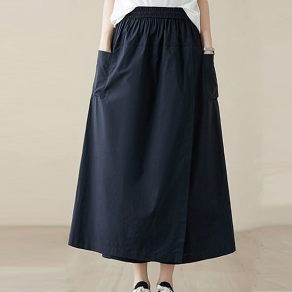 Maoxin Skirt for Women Fall Fashion Women Casual Comfortable Solid Color Drawstring High Waisted Skirt ,Navy,M