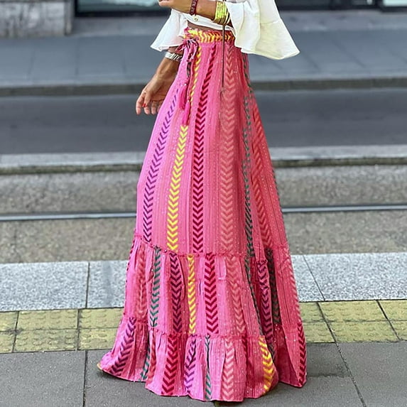 Maoxin Skirt for Women Women Fashionable And Personalized Printed Waistband Bohemian Long Skirt ,Multicolor,L