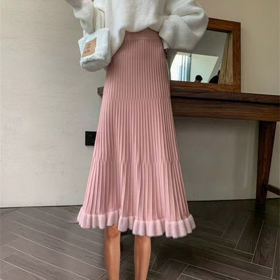 Maoxin Skirt for Women Women Solid Color Mink Ruffle Pleated Skirt High Waisted Knitted Half Skirt ,Pink,Free Size