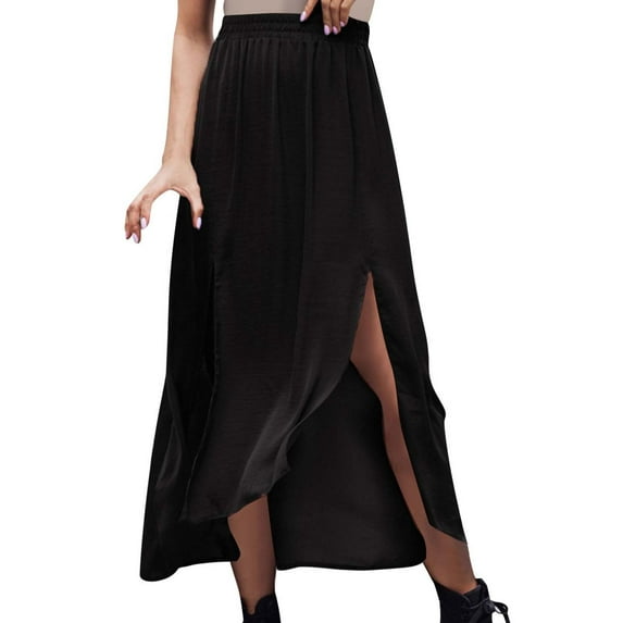 Maoxin Skirt for Women Women's High Waisted Elastic Pleated Split Skirt ,Black,2XL