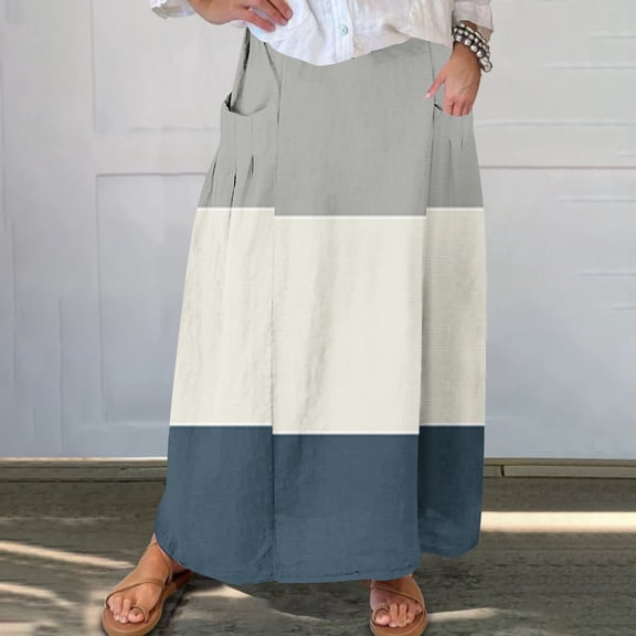 Maoxin Skirt for Women Women's Printed Elastic Waistband Pleated Pocket Skirt With Mid Calf Skirt ,Navy,S