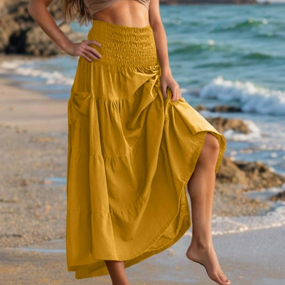 Maoxin Skirt for Women Women's Spring/summer Plus size Printed Casual Long Beach Dress ,Yellow,M