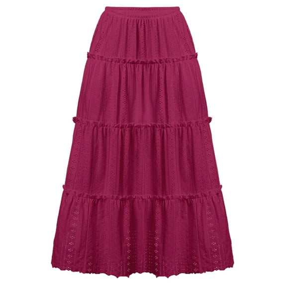 Maoxin Skirts for Women Fashion Women Casual High Waist Solid Long Ankle Pleated Skirt ,Red,S