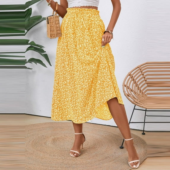 Maoxin Skirts for Women Fashion Women Casual Summer Drawstring Pocket Print Elastic Waist Skirt ,Yellow,L