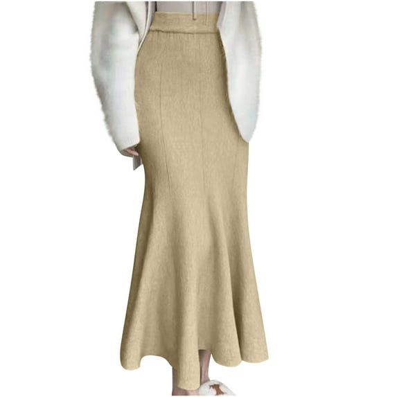 Maoxin Skirts for Women Ladies' Solid Color French Fishtail Skirt Fashionable High Waist Mid Length Knitted Hip Hugging Skirt ,Khaki,Free Size