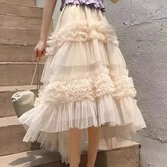 Maoxin Skirts for Women Woman Irregular Cake Skirt High Waist Net Yarn Splicing Together Puffy Skirt ,Beige,Free Size