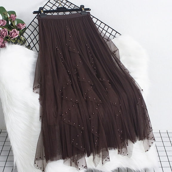 Maoxin Skirts for Women Woman Temperament High Waist Slim Beading A Line Irregular Net Yarn Puffy Skirt ,Coffee,Free Size