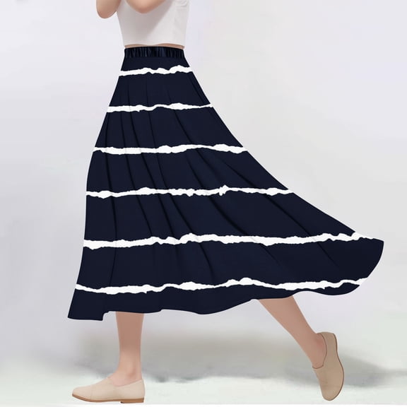 Maoxin Skirts for Women Women's Casual Flowers Printed line Elastic Waist Skirt Skirts for Women Plus Size,Dark Blue,3XL