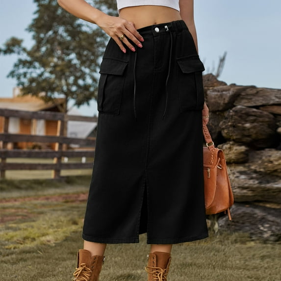 Maoxin Skirts for Women Women's Fashion Solid Color Elastic Waist Slit Cowboy Skirt ,Black,2XL