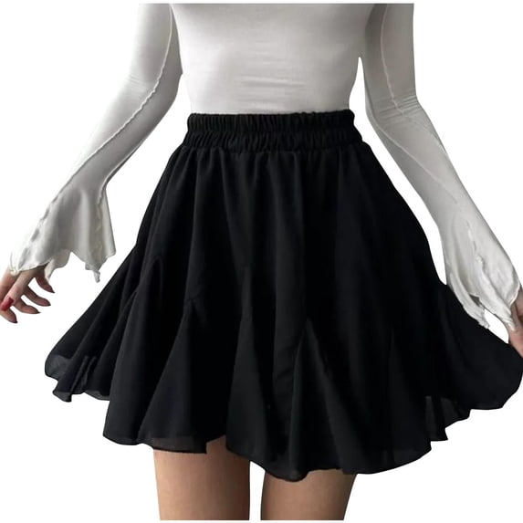 Maoxin Skirts for Women Women's Printed Elastic Waistband Pleated Pocket Skirt With Mid Calf Skirt ,Black,M