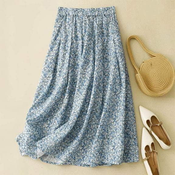 Maoxin Skirts for Women Women's Summer Printed Elastic Waist line Umbrella Casual Loose Half Skirt ,Blue,M