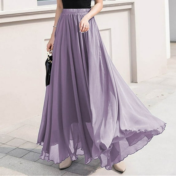 Maoxin Skirts for Women Womens Fashion Solid Color High Waist Elastic Waist Mmulti storey Beach Skirt ,Purple,XL