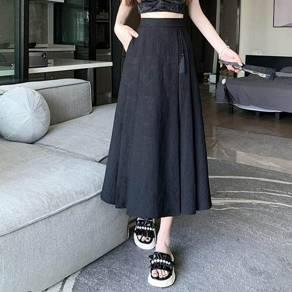 Maoxin Skirts for Women Womens Flower Print A line Satin Medium High Waist Elastic Waist Pocket Big Hem Skirt ,Black,M