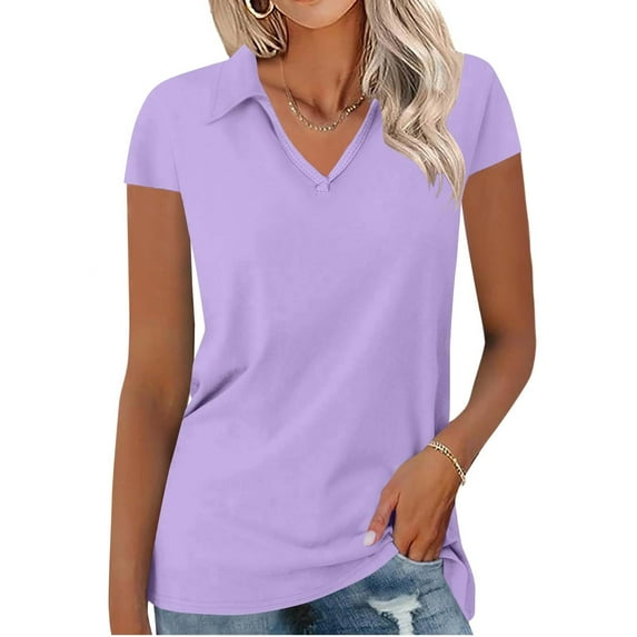 Maoxin Trendy Tops for Women 2025 Women's Casual Solid Color Short Sleeved Neck Top Blouse Blouses for Women Purple L