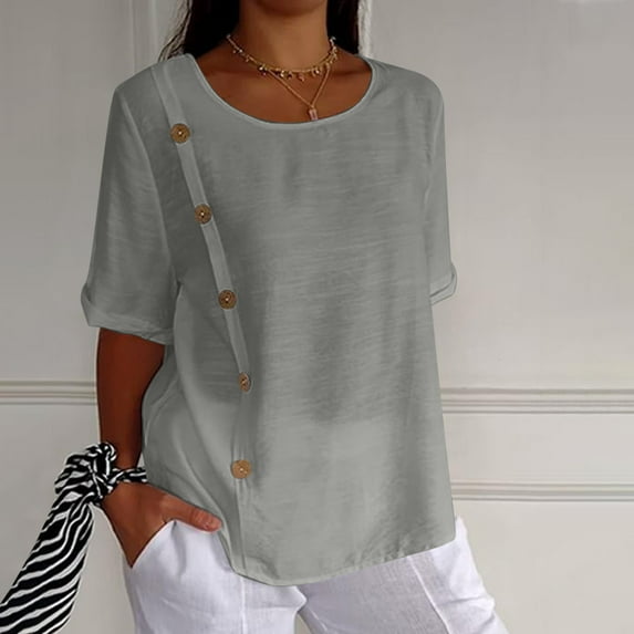 Maoxin Trendy Tops for Women 2025 Women's Solid Cotton And Linen Button Half Sleeve Casual Shirt spring tops for women Gray S Clearance Under 10