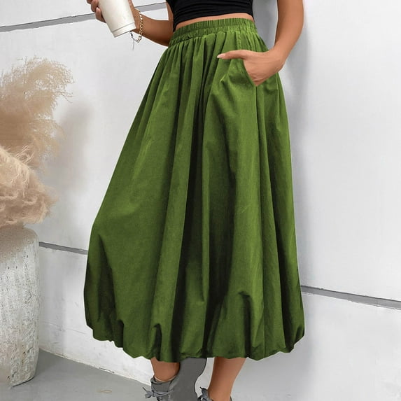 Maoxin Women Skirt Fashion Women Casual Summer Solid Pocket Elastic Waist Ankle Skirt ,Army Green,M