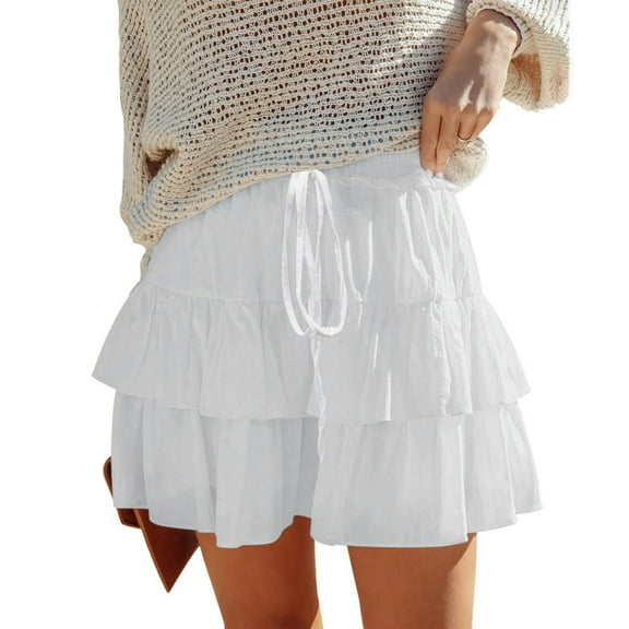 Maoxin Women Skirt Fashion Women's Solid Ruffle High Elastic Waist Mini Casual Skirts ,White,XL