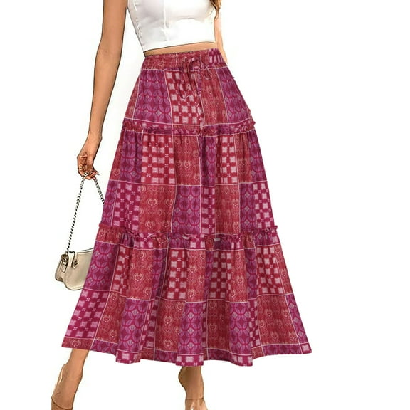 Maoxin Women Skirt Ladies Printed Bohemian Commuting Elastic Waist Drawstring Skirt ,Hot Pink,XL