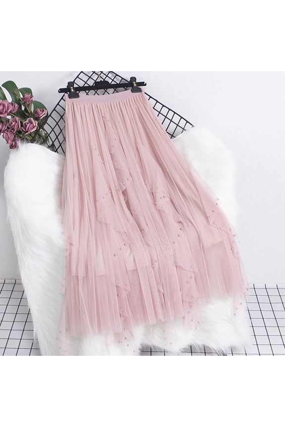 Women Skirt Woman Temperament High Waist Slim Beading A Line Irregular Net Yarn Puffy Skirt ,Pink,Free Size